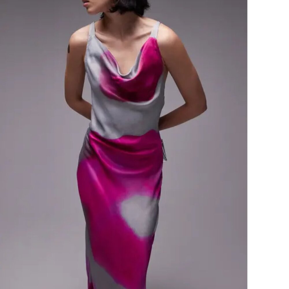 Topshop Vibrant Pink and Gray Cowl Neck Satin Maxi Dress Size 6 - Picture 3 of 11